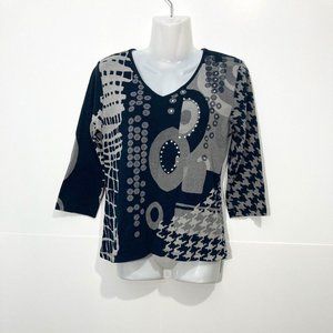 Mykonos Vintage Knit pullover Top 3/4 sleeve y2k artsy beaded black V-neck S